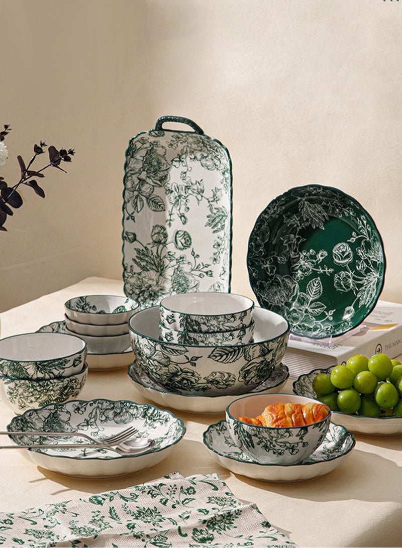 18Pcs Dinnerware Set, Gift Kit, Classic Elegant Ceramic Tableware, Dishwasher and Microwave Safe, Green Rose - Image 4